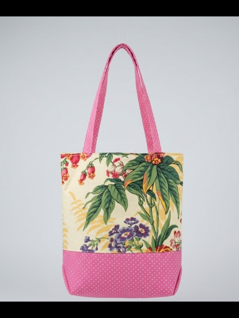 Pink Floral Canvas Tote Bag with Polka Dot Trim Handmade